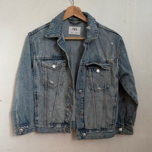 Zara Men's Distressed Light Blue Denim Jacket